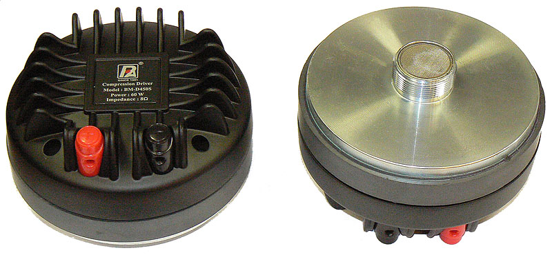 P.Audio BM(II)-D450S ВЧ-драйвер 1"с феррожидкостным охлаждением,катушка 44,4 мм(1,75"),60 Вт(RMS),8 Ом.,1,5кГц -20кГц ,110 дБ(Вт/м) с рупором 90x40,крепление резьбовое.