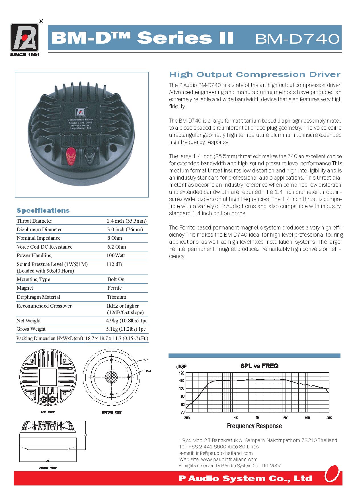 P.Audio BM-D740(II) ВЧ-Драйвер, 1,4", 100 Вт.(RMS), феррит, 8 Ом., 1000-18000Гц, 112 дБ(Вт/м), катушка 3", крепление фланцевое