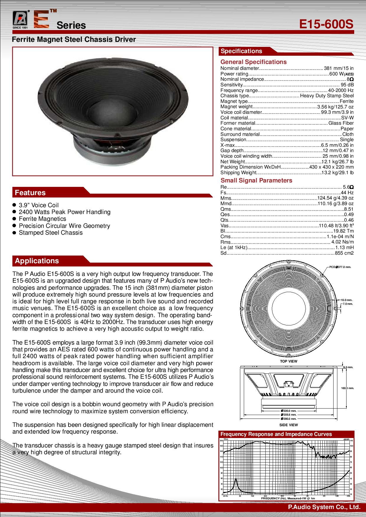 P.Audio E15-600S V2 Динамик 380мм/15", НЧ, 400 Вт.(RMS) / 600 Вт.(AES), 8 Ом., 40-2000Гц, 95 дБ(Вт/м), катушка 4"